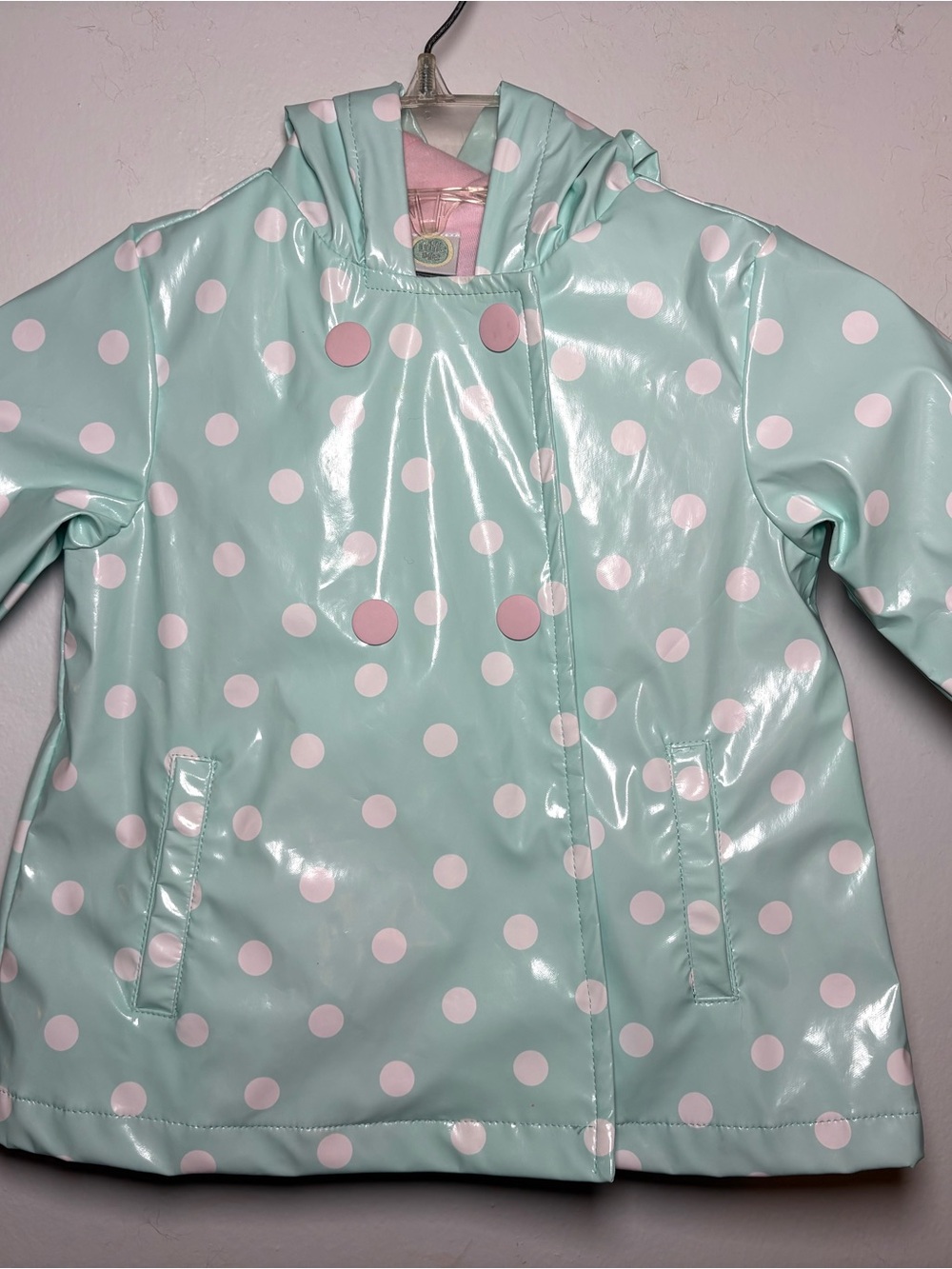 Little Me Mint Green Polka Dot Hooded Rain Jacket with Pink Lining
